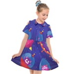 Cartoon Funny Aliens With Ufo Duck Starry Sky Set Kids  Short Sleeve Shirt Dress