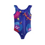 Cartoon Funny Aliens With Ufo Duck Starry Sky Set Kids  Frill Swimsuit