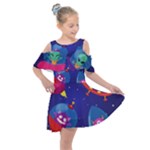 Cartoon Funny Aliens With Ufo Duck Starry Sky Set Kids  Shoulder Cutout Chiffon Dress