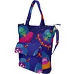 Cartoon Funny Aliens With Ufo Duck Starry Sky Set Shoulder Tote Bag