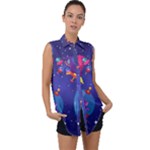 Cartoon Funny Aliens With Ufo Duck Starry Sky Set Sleeveless Chiffon Button Shirt