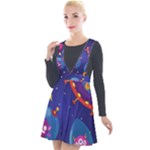 Cartoon Funny Aliens With Ufo Duck Starry Sky Set Plunge Pinafore Velour Dress
