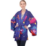 Cartoon Funny Aliens With Ufo Duck Starry Sky Set Long Sleeve Velvet Kimono 