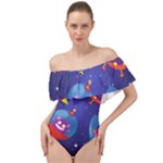 Cartoon Funny Aliens With Ufo Duck Starry Sky Set Off Shoulder Velour Bodysuit 