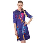 Cartoon Funny Aliens With Ufo Duck Starry Sky Set Long Sleeve Mini Shirt Dress
