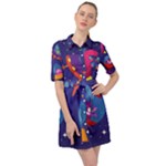 Cartoon Funny Aliens With Ufo Duck Starry Sky Set Belted Shirt Dress