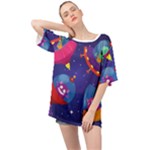 Cartoon Funny Aliens With Ufo Duck Starry Sky Set Oversized Chiffon Top