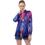 Cartoon Funny Aliens With Ufo Duck Starry Sky Set Long Sleeve Satin Shirt