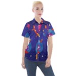 Cartoon Funny Aliens With Ufo Duck Starry Sky Set Women s Short Sleeve Pocket Shirt
