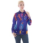 Cartoon Funny Aliens With Ufo Duck Starry Sky Set Women s Long Sleeve Pocket Shirt