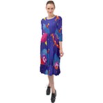 Cartoon Funny Aliens With Ufo Duck Starry Sky Set Ruffle End Midi Chiffon Dress