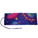 Cartoon Funny Aliens With Ufo Duck Starry Sky Set Roll Up Canvas Pencil Holder (S)