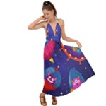 Cartoon Funny Aliens With Ufo Duck Starry Sky Set Backless Maxi Beach Dress