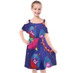 Cartoon Funny Aliens With Ufo Duck Starry Sky Set Kids  Cut Out Shoulders Chiffon Dress