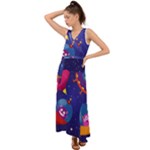 Cartoon Funny Aliens With Ufo Duck Starry Sky Set V-Neck Chiffon Maxi Dress