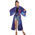 Cartoon Funny Aliens With Ufo Duck Starry Sky Set Maxi Kimono