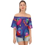 Cartoon Funny Aliens With Ufo Duck Starry Sky Set Off Shoulder Short Sleeve Top