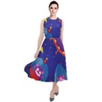 Cartoon Funny Aliens With Ufo Duck Starry Sky Set Round Neck Boho Dress