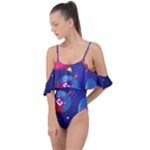 Cartoon Funny Aliens With Ufo Duck Starry Sky Set Drape Piece Swimsuit