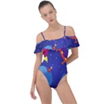 Cartoon Funny Aliens With Ufo Duck Starry Sky Set Frill Detail One Piece Swimsuit