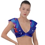 Cartoon Funny Aliens With Ufo Duck Starry Sky Set Plunge Frill Sleeve Bikini Top