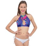 Cartoon Funny Aliens With Ufo Duck Starry Sky Set Cross Front Halter Bikini Top