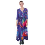 Cartoon Funny Aliens With Ufo Duck Starry Sky Set Button Up Maxi Dress