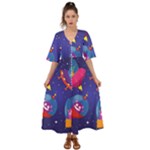 Cartoon Funny Aliens With Ufo Duck Starry Sky Set Kimono Sleeve Boho Dress