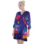 Cartoon Funny Aliens With Ufo Duck Starry Sky Set Open Neck Shift Dress
