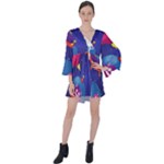 Cartoon Funny Aliens With Ufo Duck Starry Sky Set V-Neck Flare Sleeve Mini Dress