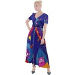 Cartoon Funny Aliens With Ufo Duck Starry Sky Set Button Up Short Sleeve Maxi Dress