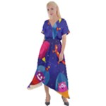 Cartoon Funny Aliens With Ufo Duck Starry Sky Set Cross Front Sharkbite Hem Maxi Dress