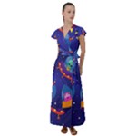 Cartoon Funny Aliens With Ufo Duck Starry Sky Set Flutter Sleeve Maxi Dress