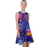 Cartoon Funny Aliens With Ufo Duck Starry Sky Set Frill Swing Dress