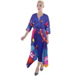 Cartoon Funny Aliens With Ufo Duck Starry Sky Set Quarter Sleeve Wrap Front Maxi Dress
