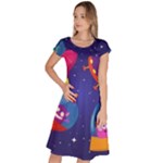 Cartoon Funny Aliens With Ufo Duck Starry Sky Set Classic Short Sleeve Dress