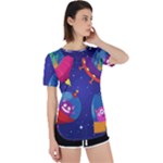 Cartoon Funny Aliens With Ufo Duck Starry Sky Set Perpetual Short Sleeve T-Shirt