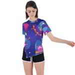 Cartoon Funny Aliens With Ufo Duck Starry Sky Set Asymmetrical Short Sleeve Sports T-Shirt