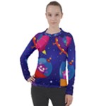Cartoon Funny Aliens With Ufo Duck Starry Sky Set Women s Pique Long Sleeve T-Shirt