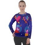 Cartoon Funny Aliens With Ufo Duck Starry Sky Set Women s Long Sleeve Raglan T-Shirt