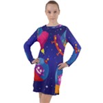 Cartoon Funny Aliens With Ufo Duck Starry Sky Set Long Sleeve Hoodie Dress