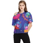 Cartoon Funny Aliens With Ufo Duck Starry Sky Set One Shoulder Cut Out T-Shirt