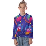 Cartoon Funny Aliens With Ufo Duck Starry Sky Set Kids  Frill Detail T-Shirt