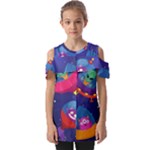 Cartoon Funny Aliens With Ufo Duck Starry Sky Set Fold Over Open Sleeve Top