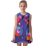 Cartoon Funny Aliens With Ufo Duck Starry Sky Set Kids  Pilgrim Collar Ruffle Hem Dress