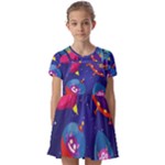 Cartoon Funny Aliens With Ufo Duck Starry Sky Set Kids  Short Sleeve Pinafore Style Dress