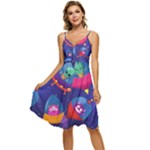 Cartoon Funny Aliens With Ufo Duck Starry Sky Set Sleeveless Tie Front Chiffon Dress