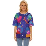 Cartoon Funny Aliens With Ufo Duck Starry Sky Set Oversized Basic T-Shirt