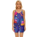 Cartoon Funny Aliens With Ufo Duck Starry Sky Set V-Neck Satin Pajamas Set