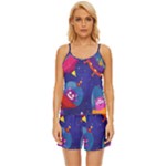Cartoon Funny Aliens With Ufo Duck Starry Sky Set Satin Pajama Short Set